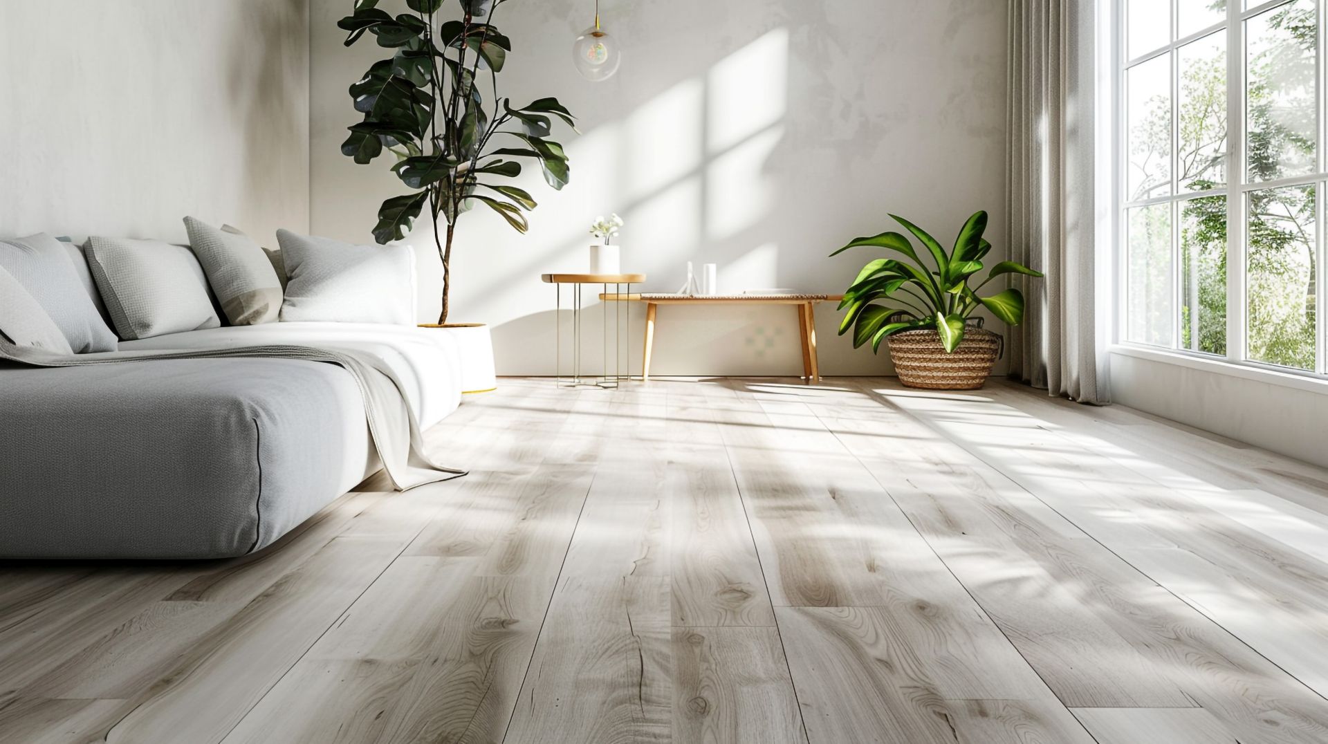 Helles Wohnzimmer mit großer Fensterfront, Pflanzen und stilvoller Einrichtung auf Holzfußboden