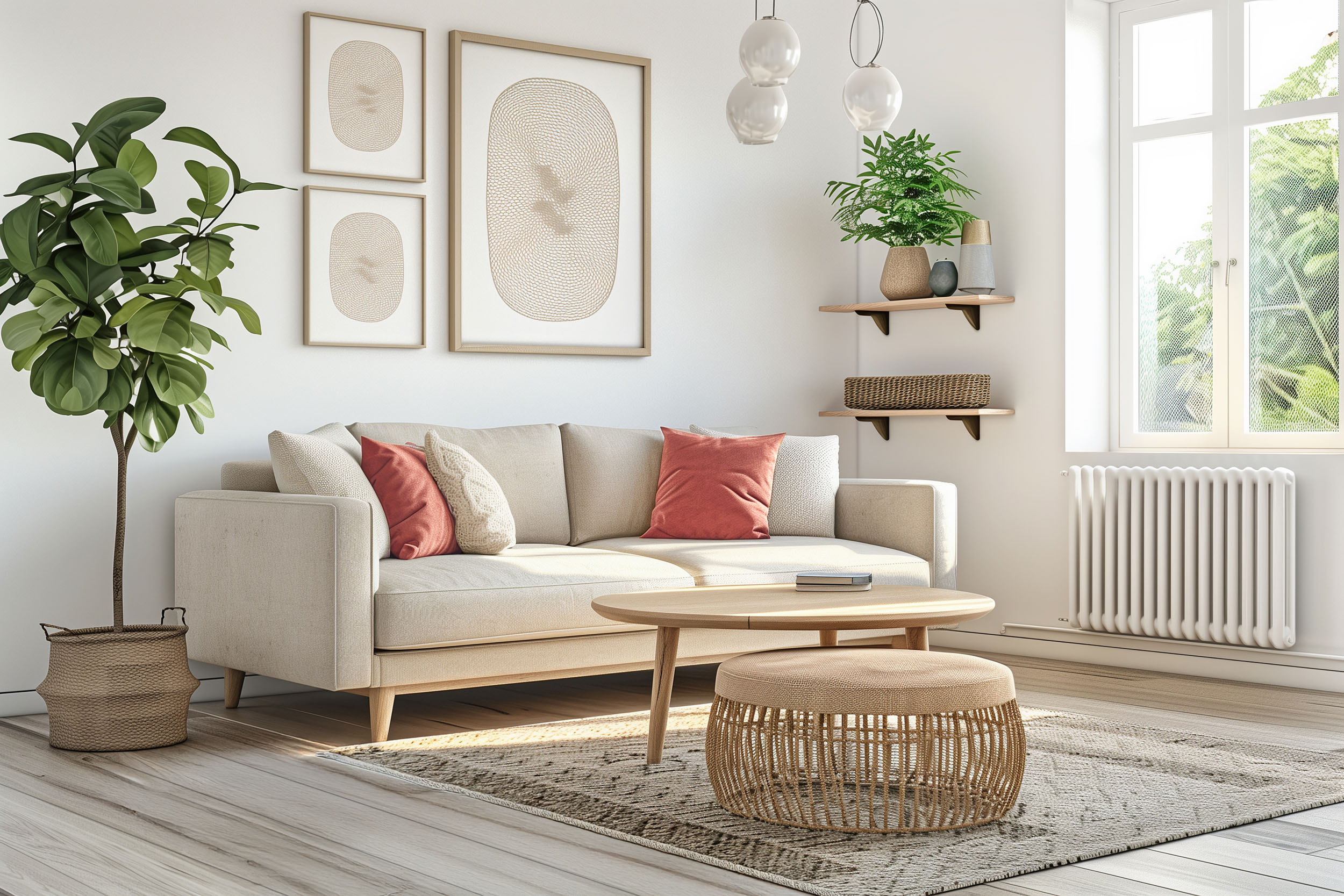 Modernes Wohnzimmer mit grün gestrichener Wand, heller Couch, Zierkissen und kleinen Pflanzen