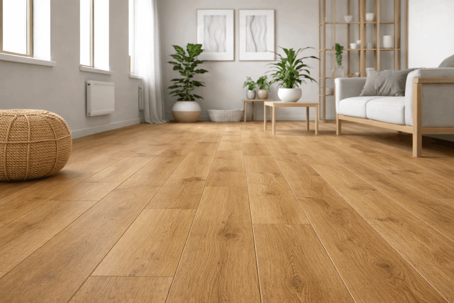 Heller Raum mit Holzfußboden, großen Fenstern, Zimmerpflanzen und minimalistischer Einrichtung