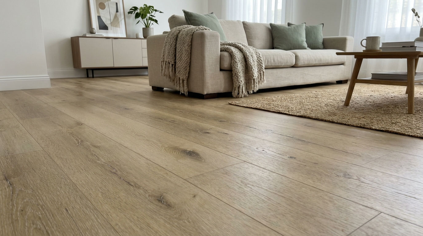 Modern eingerichtetes Schlafzimmer mit weinroter Wand, hellem Bett und weicher Decke, daneben Pflanzen und kleine Deko-Elemente auf einem runden Nachttisch