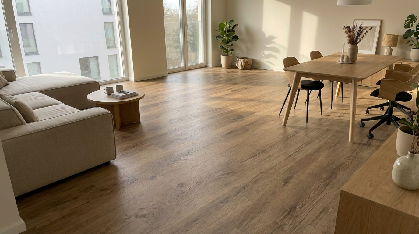 Heller Raum mit Holzfußboden, großen Fenstern, Zimmerpflanzen und minimalistischer Einrichtung