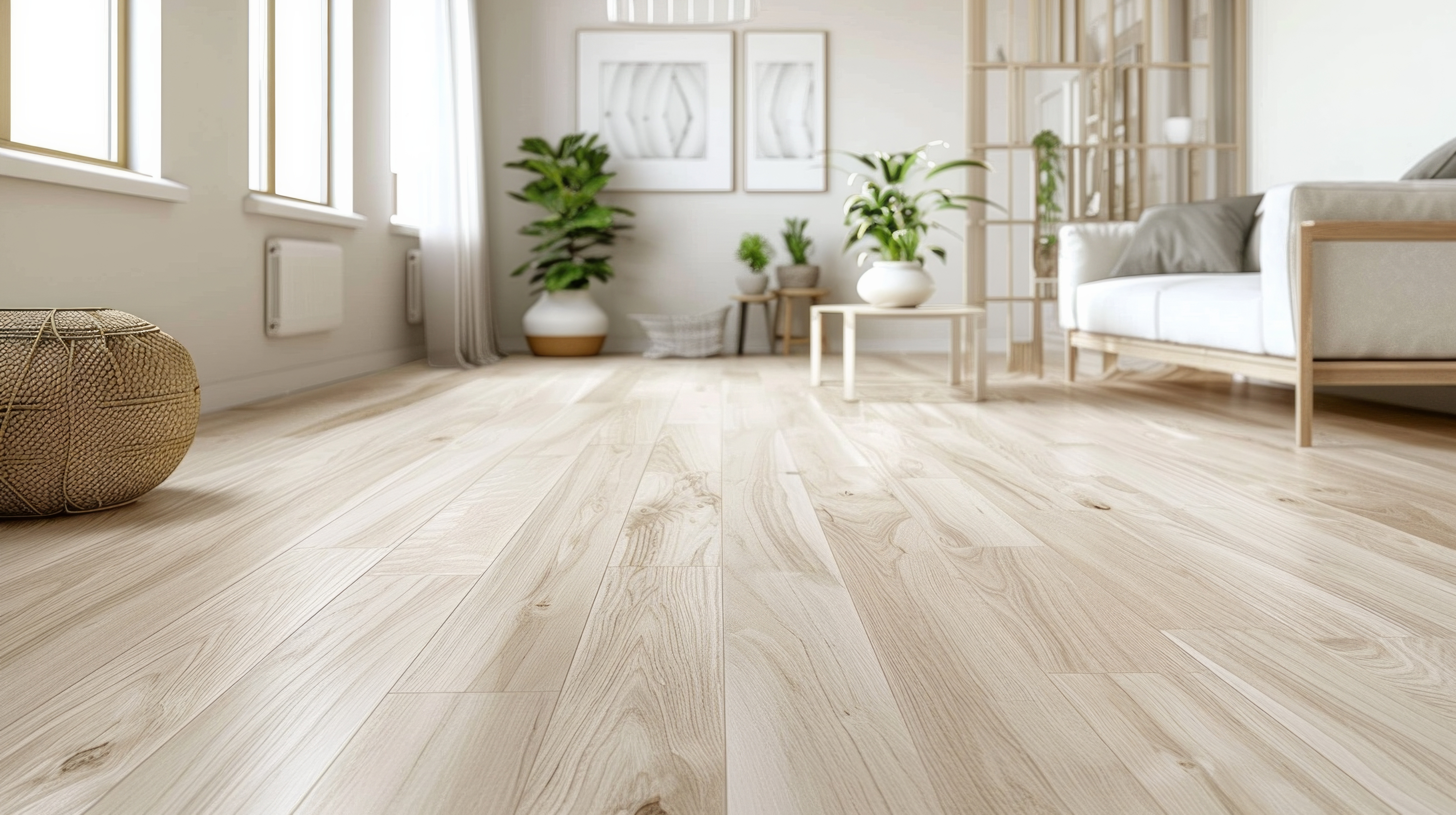 Heller Raum mit Holzfußboden, großen Fenstern, Zimmerpflanzen und minimalistischer Einrichtung