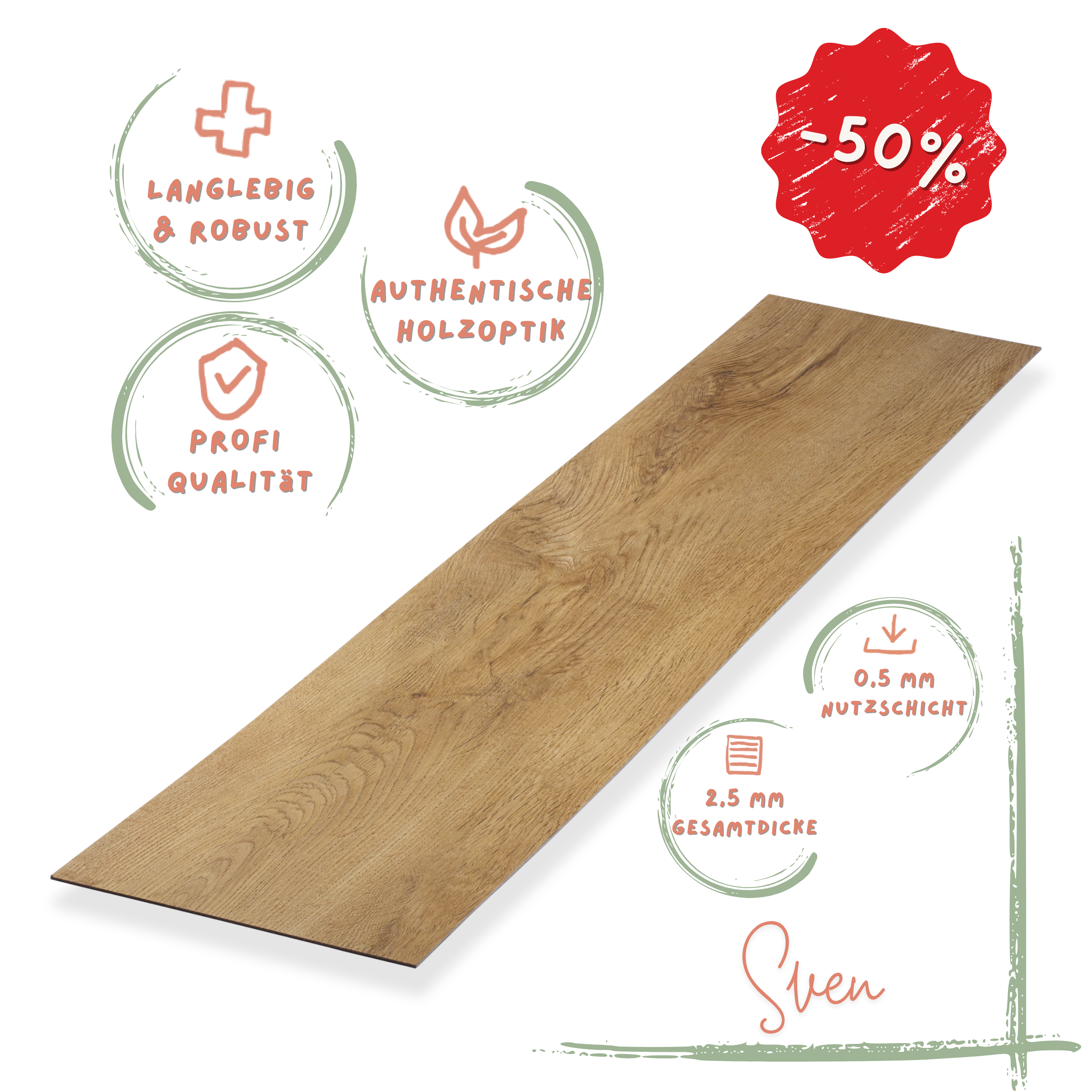 Klebe-Vinyl Eiche warm Sven Profi-Qualität in naturnahem Holzdekor Klebe-Vinyl Eiche Warm Sven – dunkler Holzton mit PU-Schutz. Extra flach (2,5 mm), wasserfest & pflegeleicht. ★ Jetzt Muster sichern!