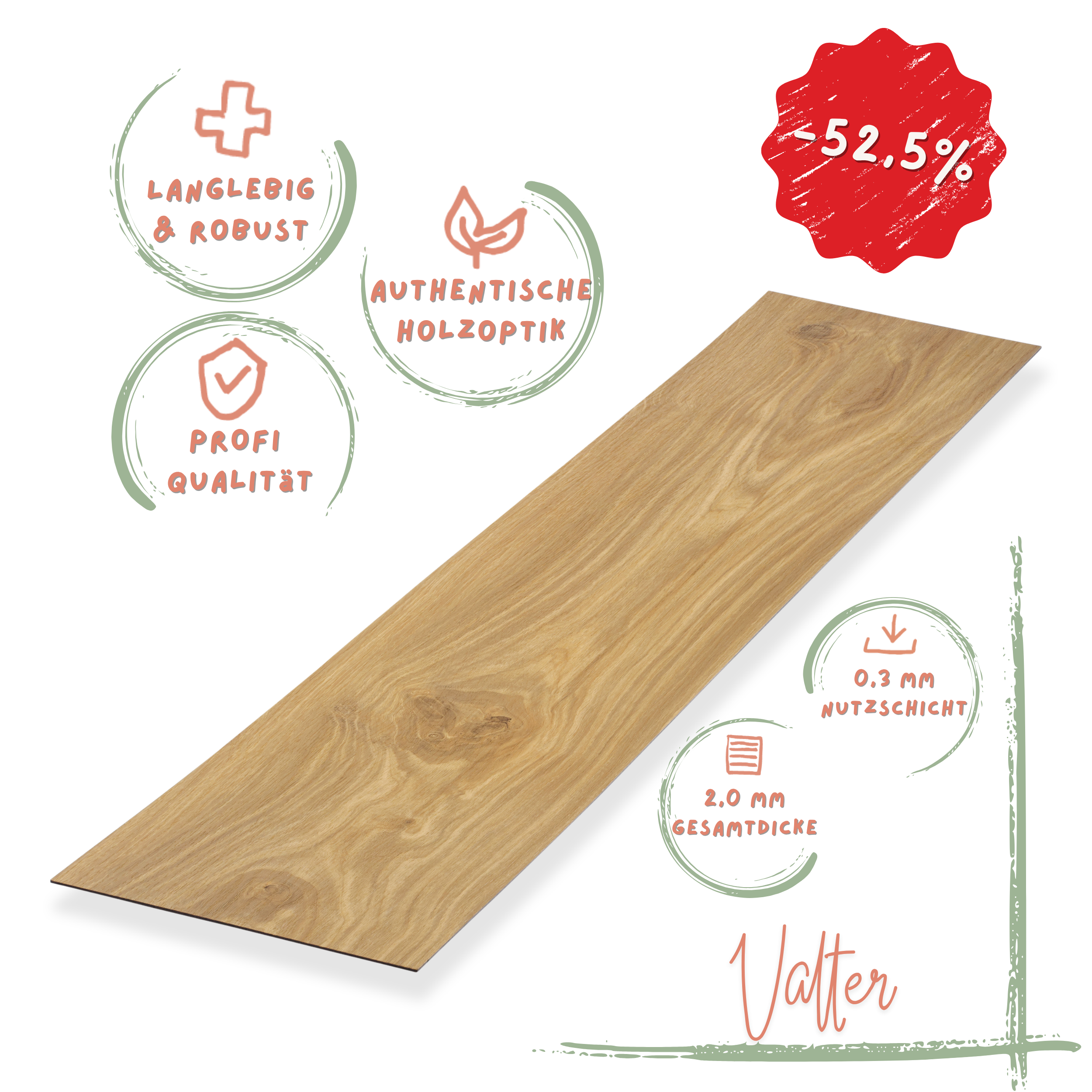 Klebe-Vinyl Eiche mittelbraun Valter Profi-Qualität in naturnahem Holzdekor