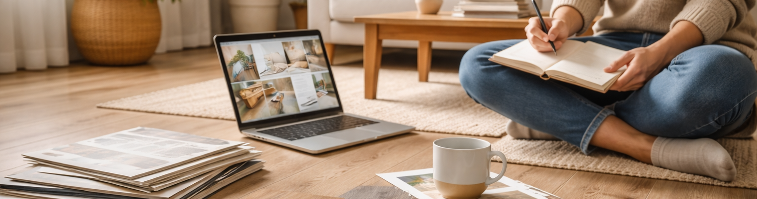 Helles, modern eingerichtetes Wohnzimmer mit beiger Couch, Holzfußboden, Naturdekoration und großem Teppich