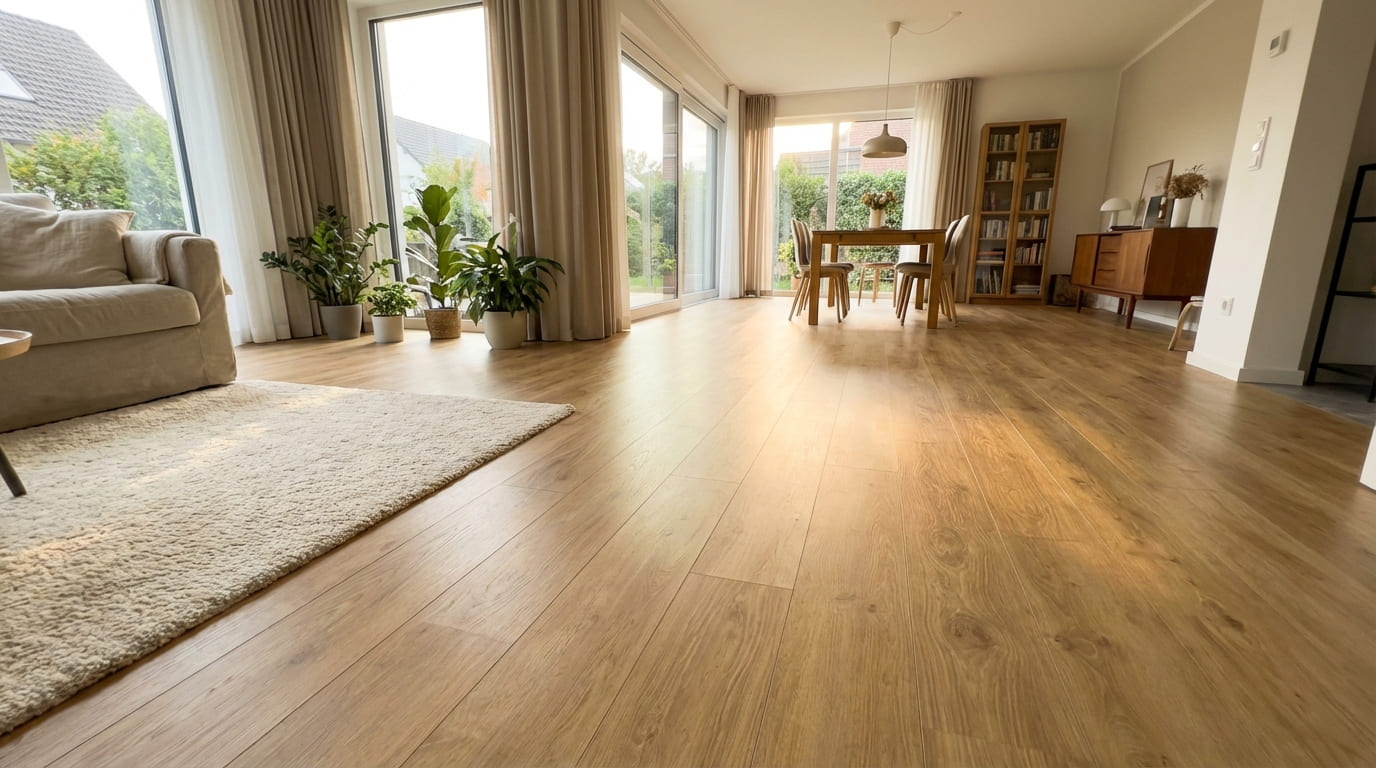 Helles Wohnzimmer mit großer Fensterfront, Pflanzen und stilvoller Einrichtung auf Holzfußboden