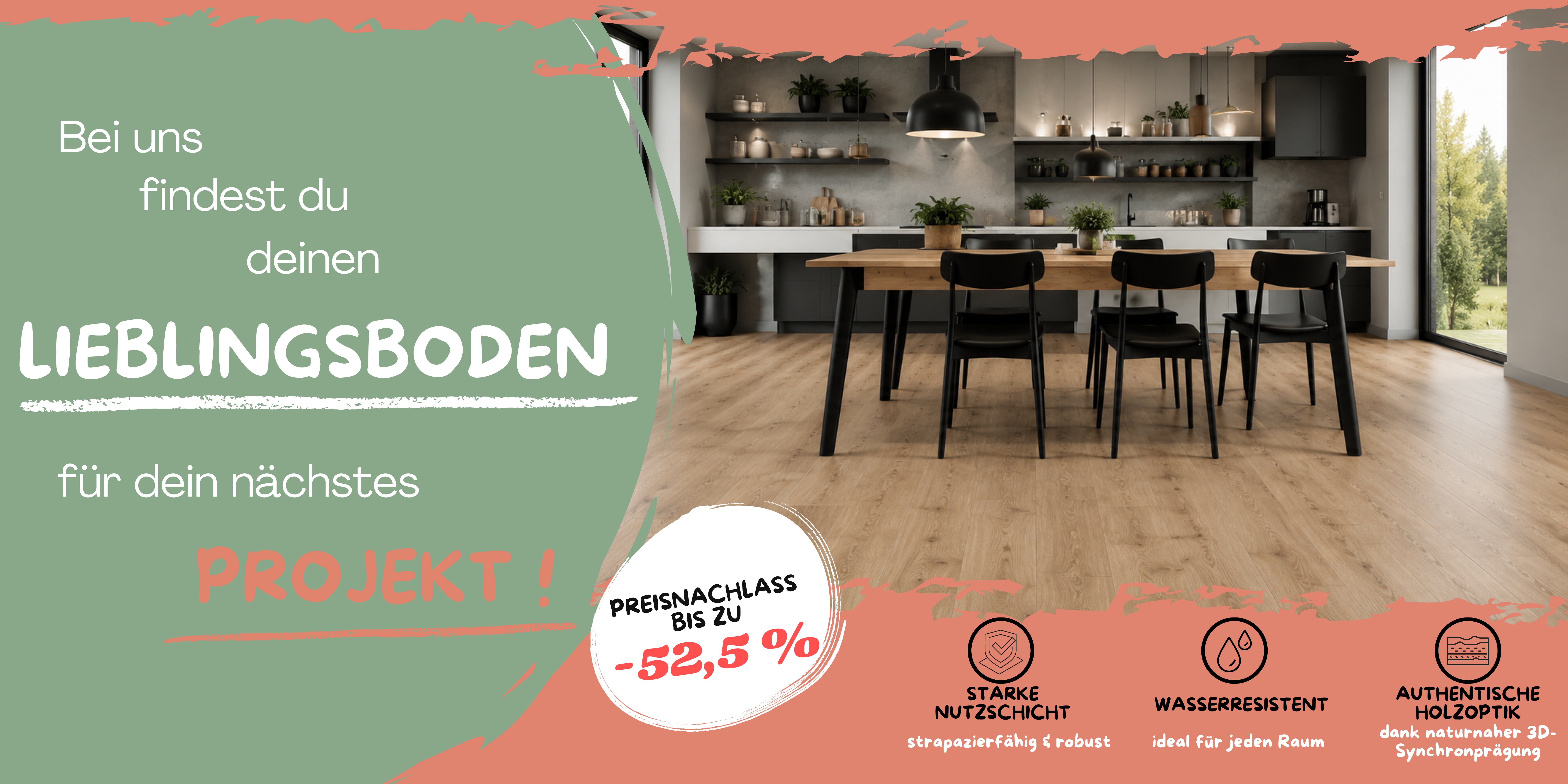 Shopbanner mit modernem Vinylboden in Holzoptik im Essbereich – wasserresistent und robust für Wohnräume
