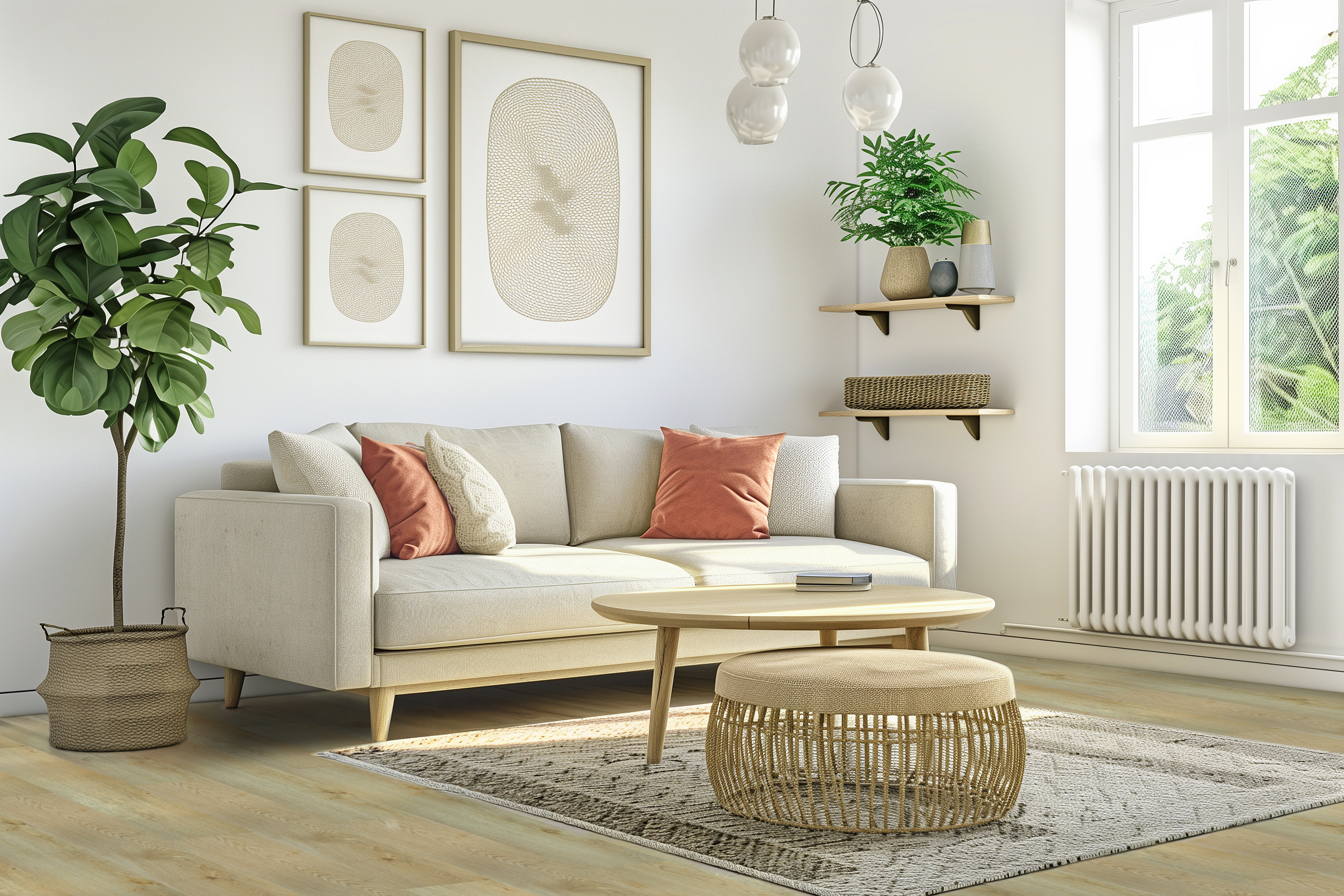 Modernes Wohnzimmer mit hellem Vinylboden in Eiche-Optik, beigem Sofa, Couchtisch und Zimmerpflanzen.