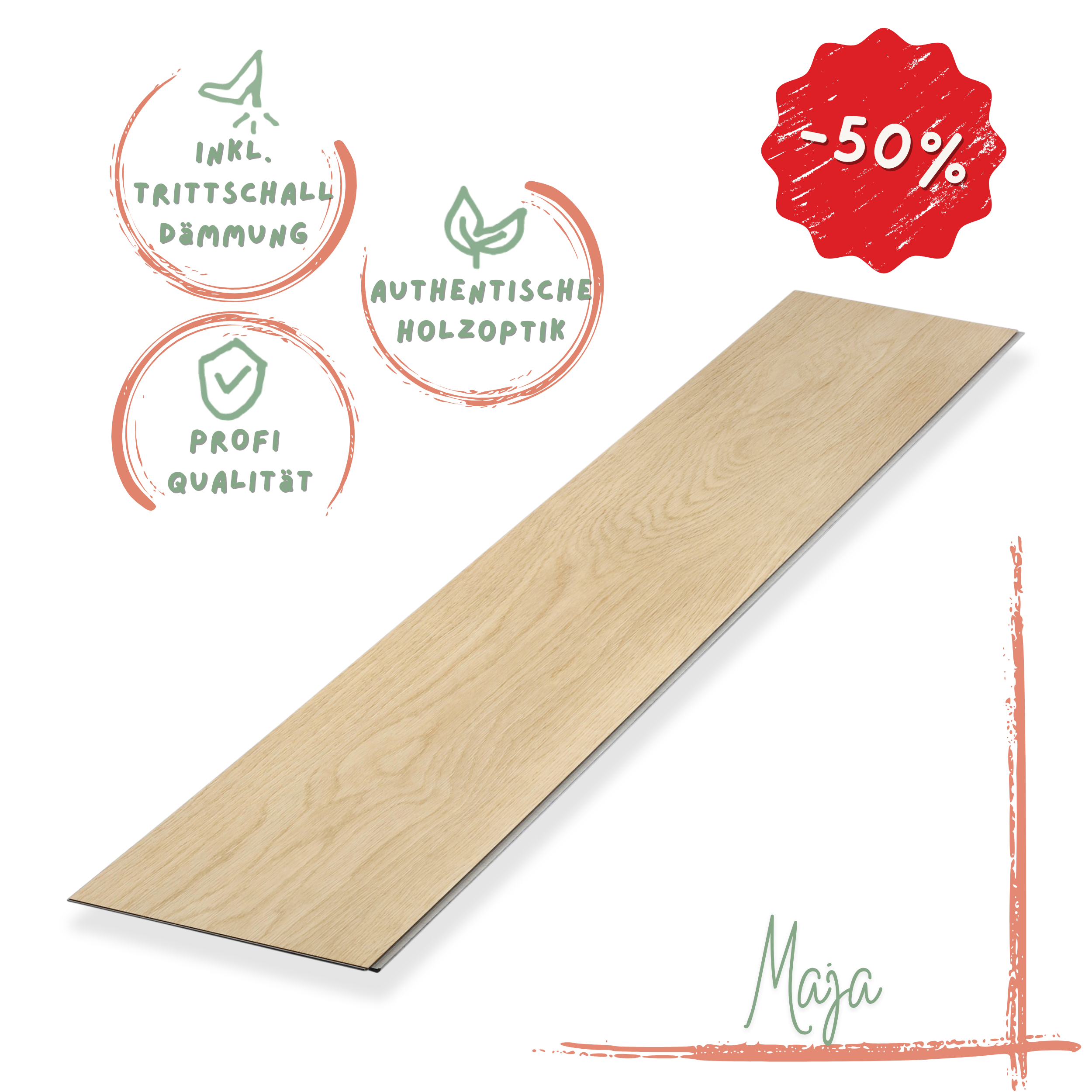 Klick-Vinyl Eiche beige Maja Profi-Qualität mit integrierter Trittschalldämmung Klick-Vinyl Eiche Beige Maja – warmer Dielen-Look mit Microfase & integrierter Dämmung. Wasserfest, robust & pflegeleicht. ✓ Jetzt Muster sichern!