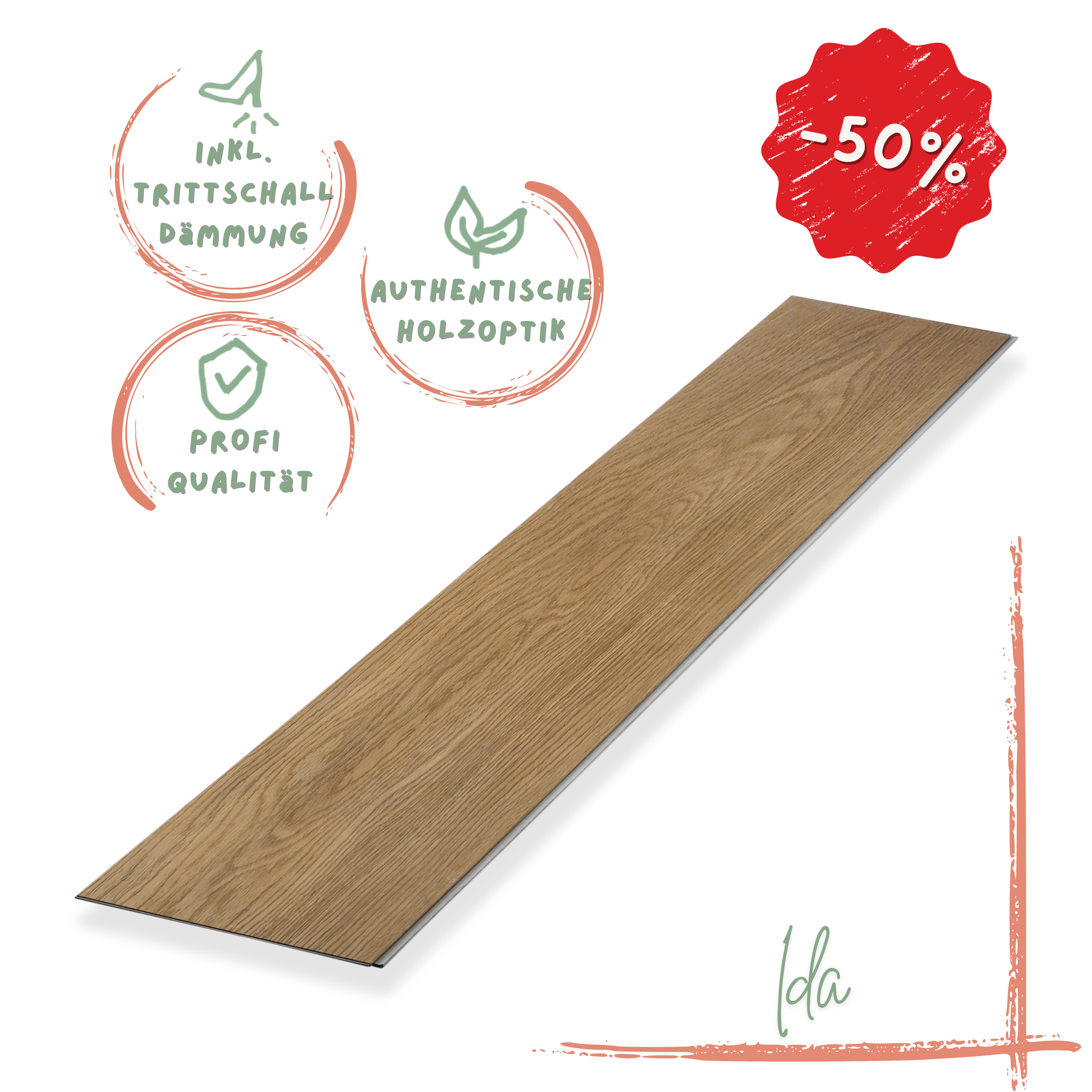 Klick-Vinyl Eiche naturbraun Ida Profi-Qualität mit integrierter Trittschalldämmung Klick-Vinyl Eiche Naturbraun Ida – natürlicher Holzlook mit Microfase & mattierter Oberfläche. Leise dank Dämmung, pflegeleicht. ✅ Muster bestellen!
