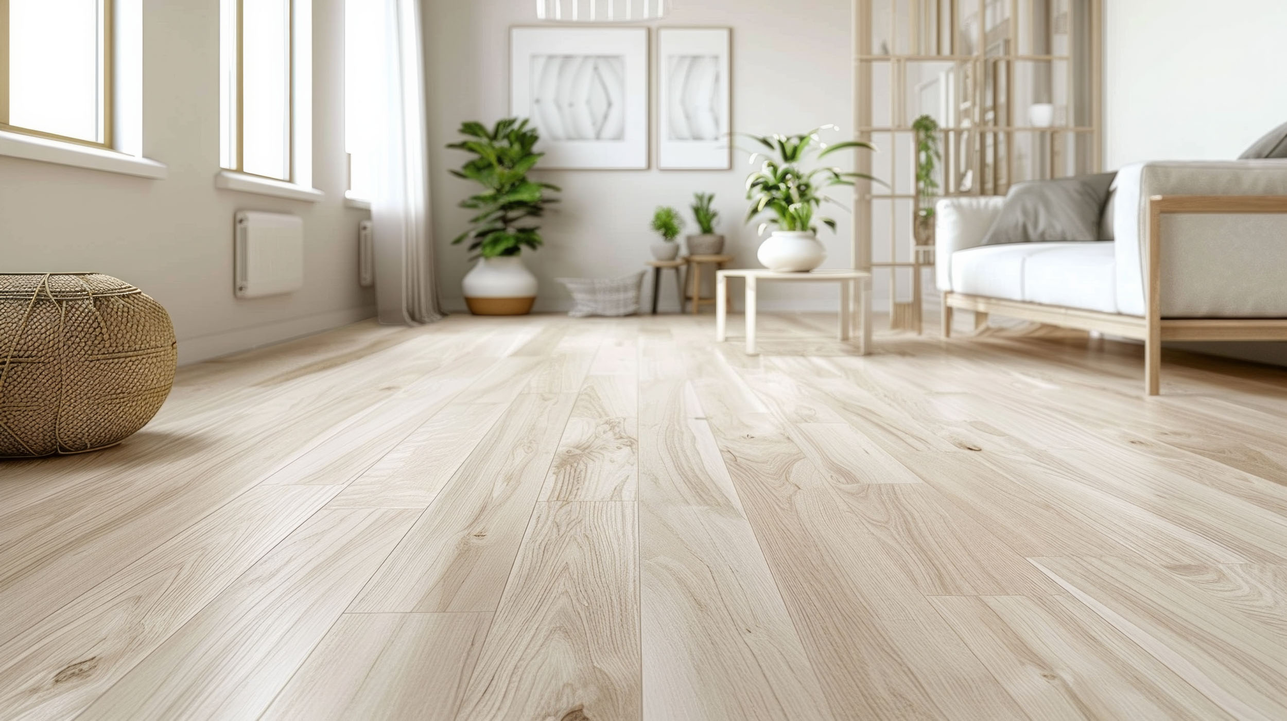 Heller Raum mit Holzfußboden, großen Fenstern, Zimmerpflanzen und minimalistischer Einrichtung