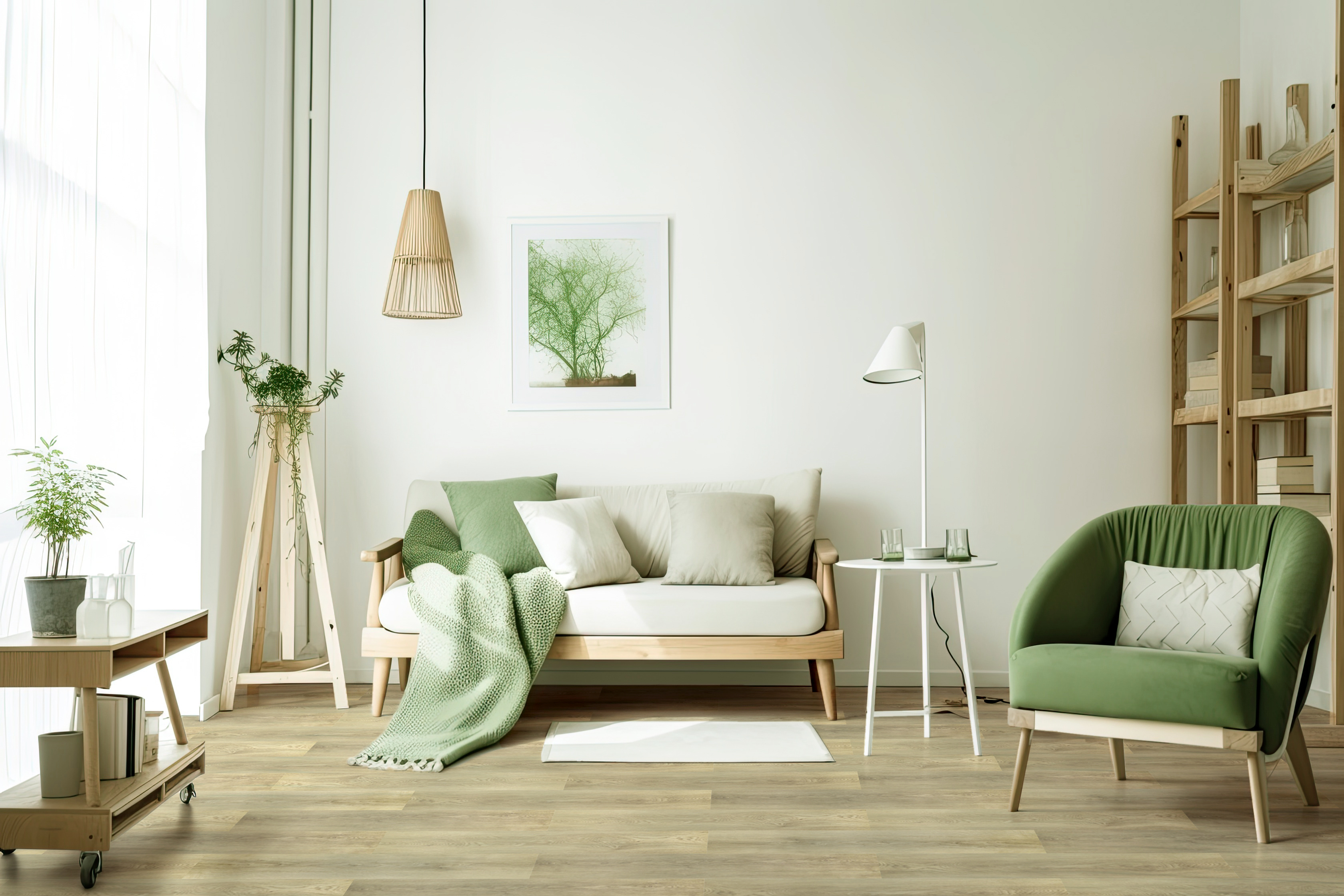 Helles Wohnzimmer mit Sofa, grünem Sessel und hellem Vinylboden in natürlicher Holzoptik.