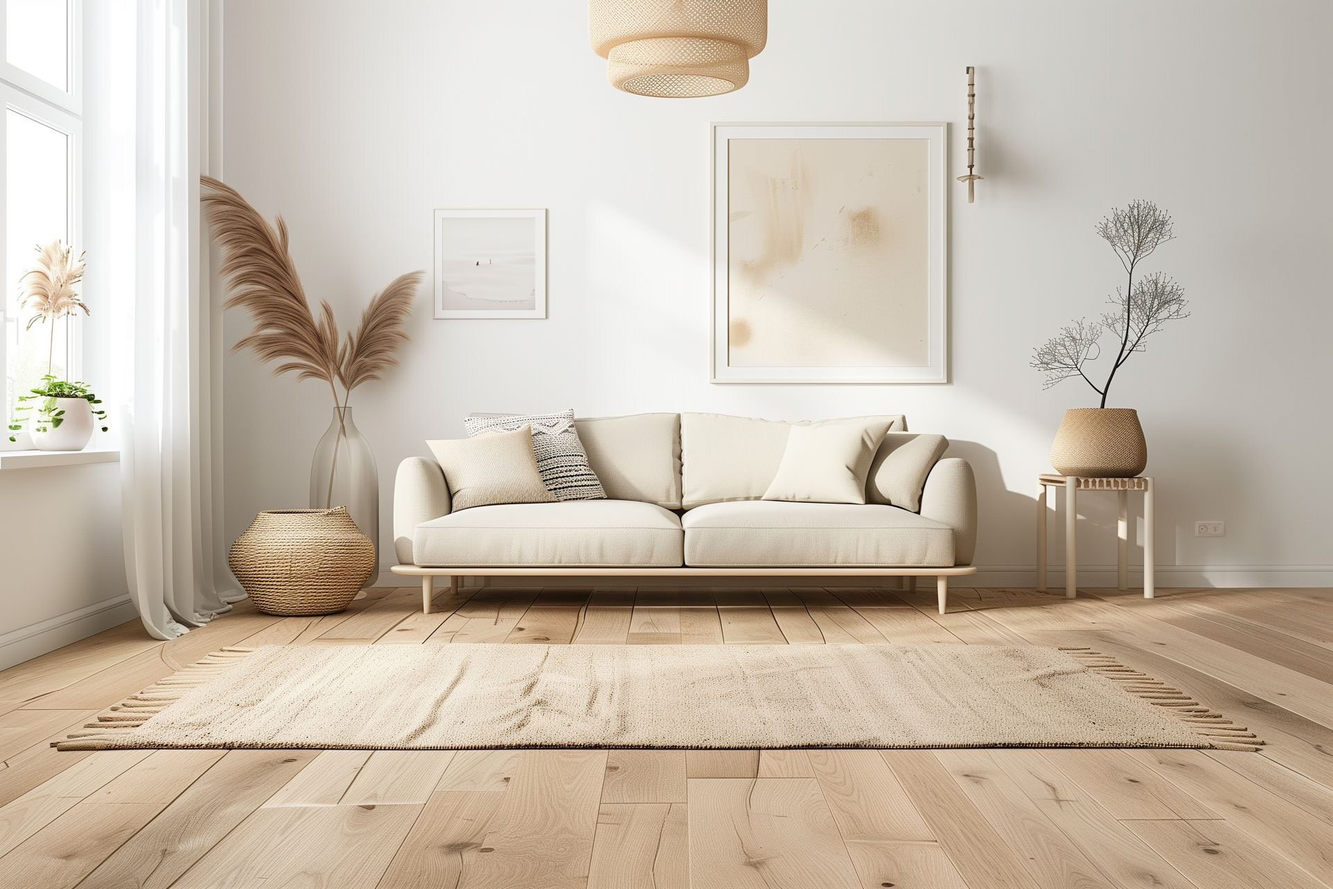 Helles, modern eingerichtetes Wohnzimmer mit beiger Couch, Holzfußboden, Naturdekoration und großem Teppich