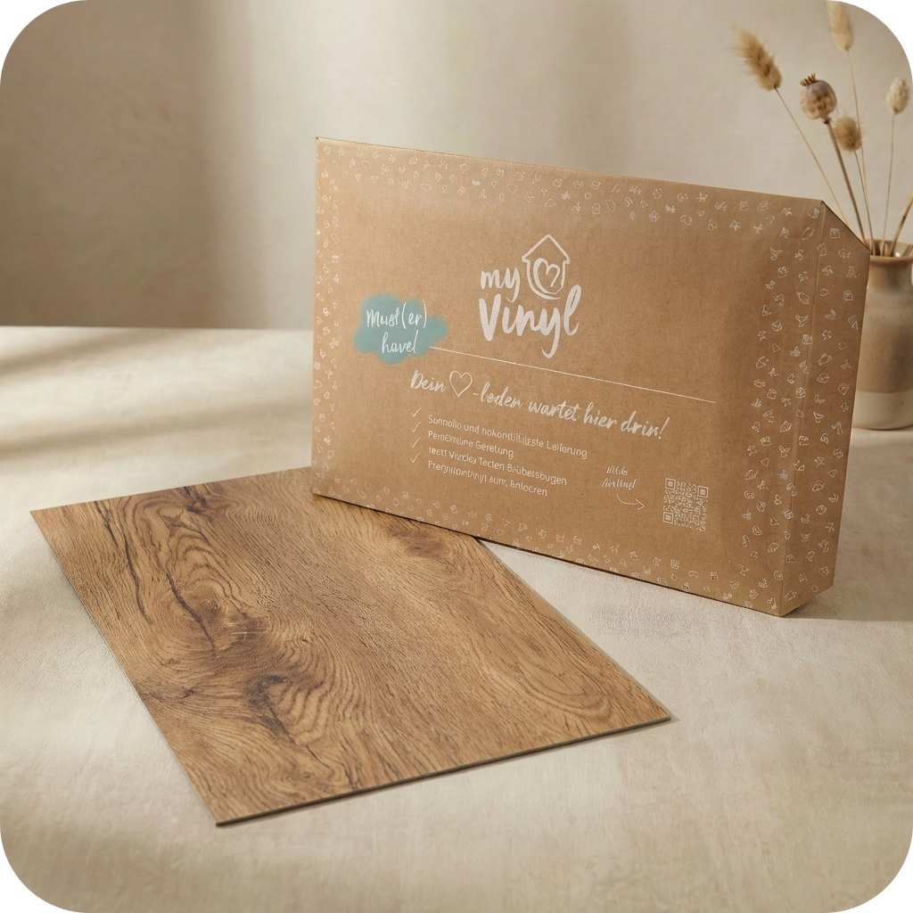 Musterstück Klebe-Vinyl Eiche Beige Kjell – gratis nach Hause liefern lassen & Farbwirkung im Raum prüfen. ✓ Bis zu 3 Gratis-Muster je Bestellung wählen.