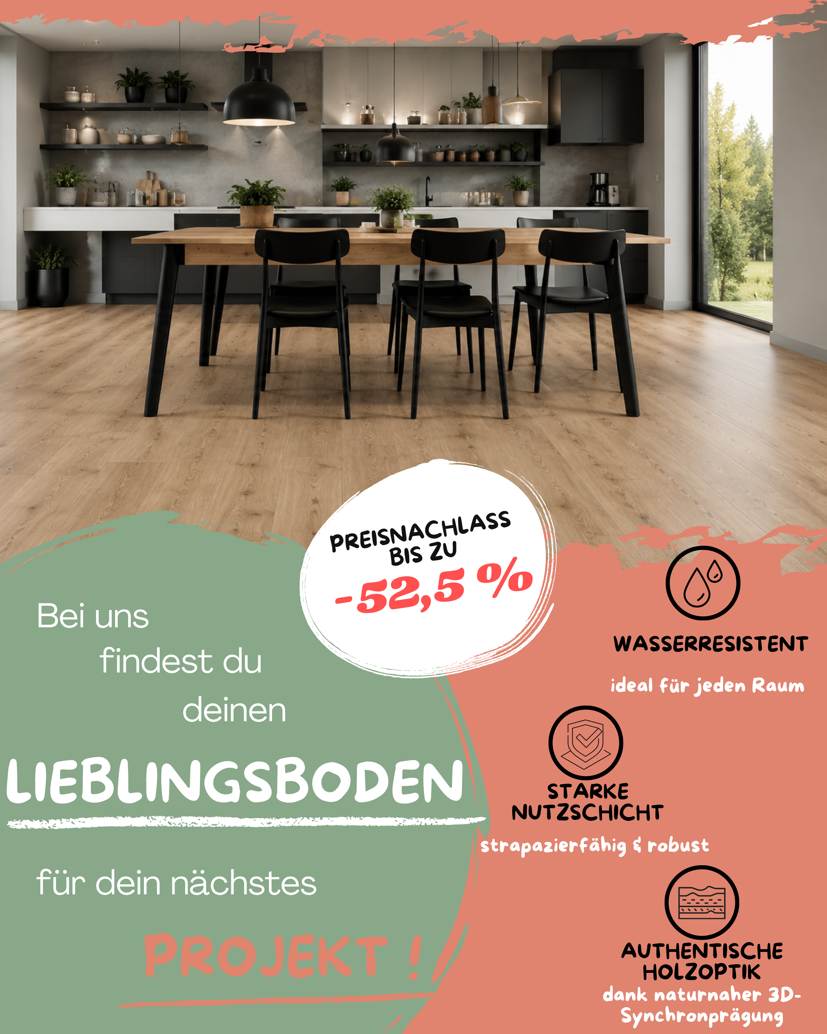 Mobiler Shopbanner mit Vinylboden in Eichenoptik und Rabattaktion für wasserresistente Designböden