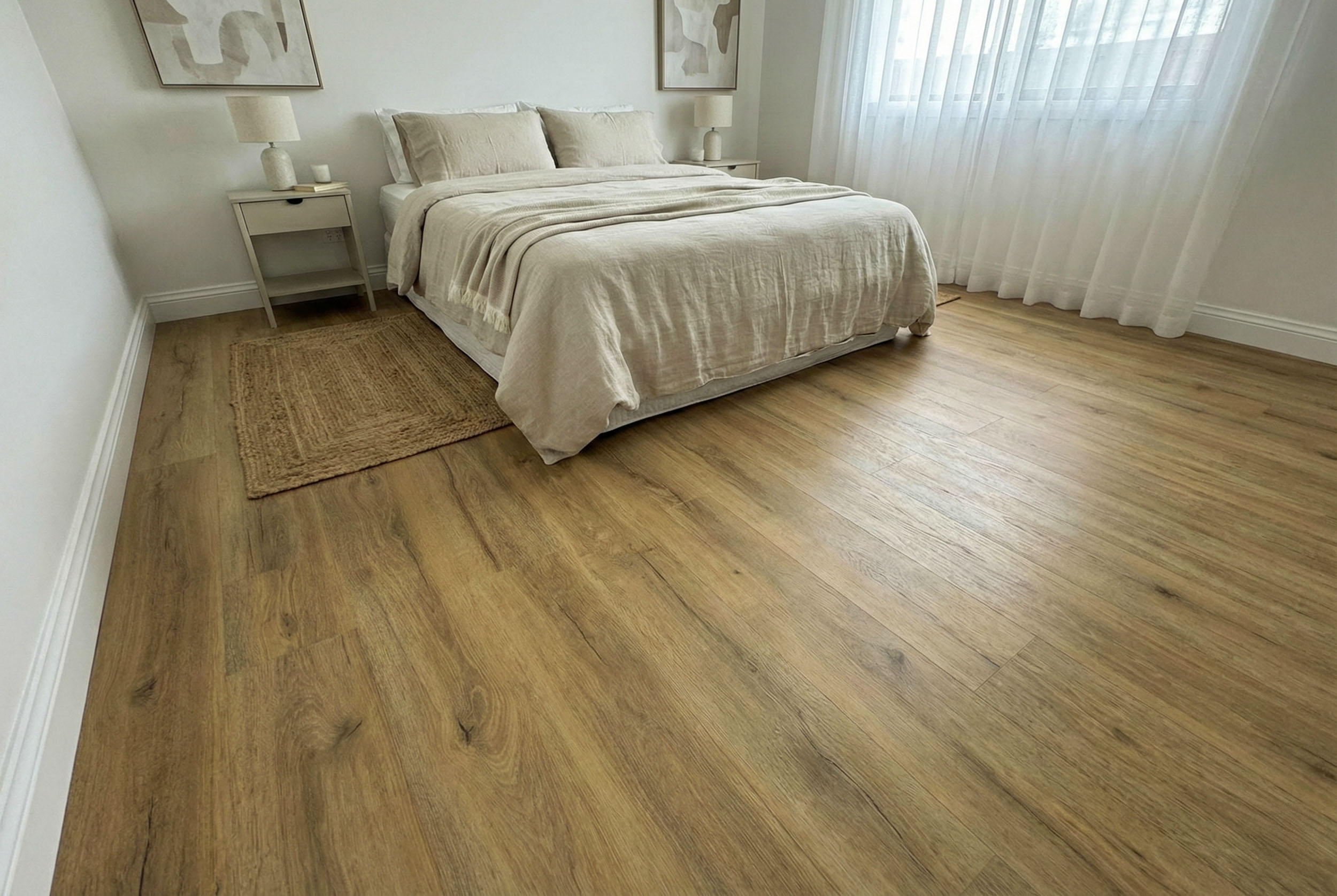 Klickvinyl Lotta Eiche gold im Schlafzimmer – warme Eichenoptik mit angenehmer Haptik für Wohnräume