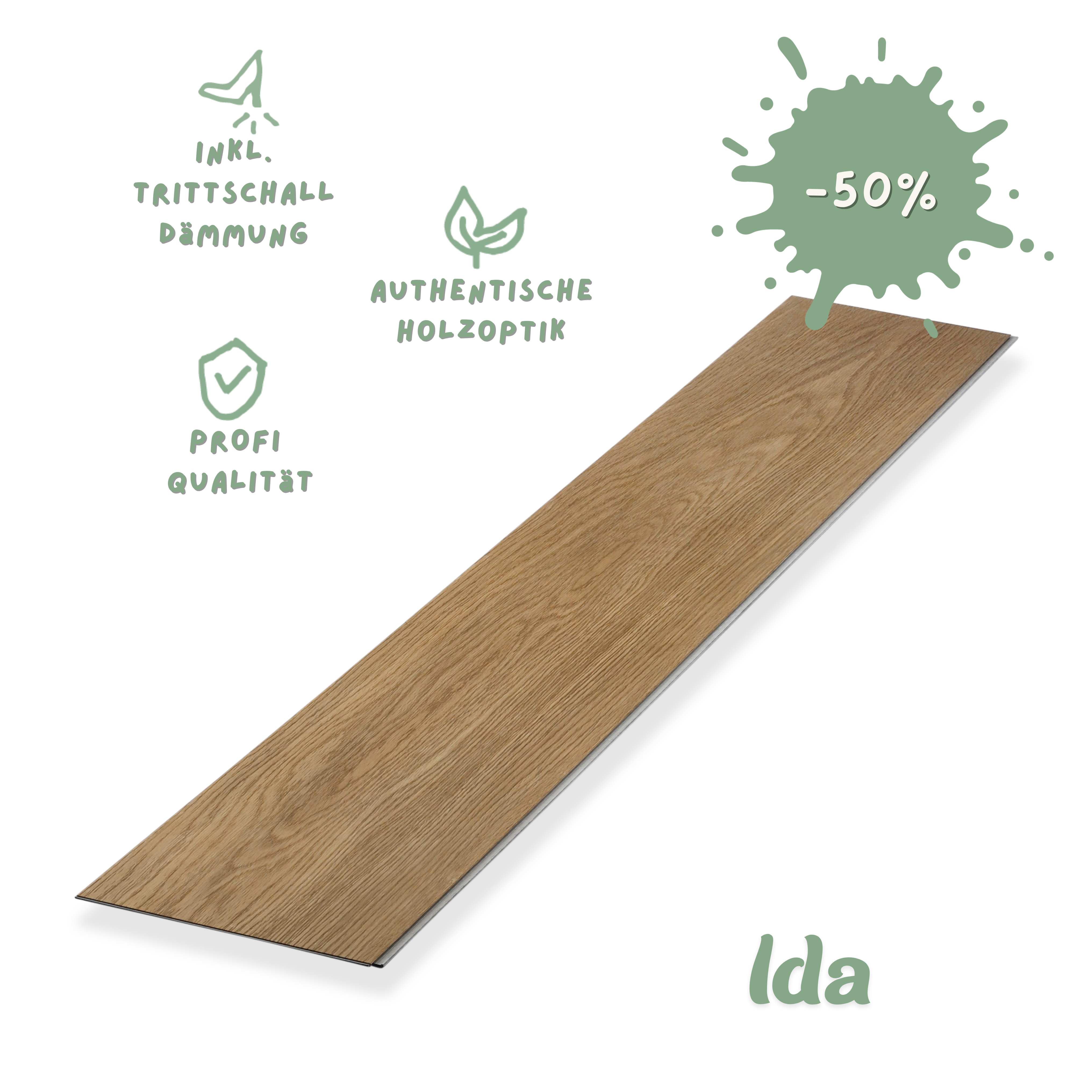 Klick-Vinyl Eiche naturbraun Ida Profi-Qualität mit integrierter Trittschalldämmung Klick-Vinyl Eiche Naturbraun Ida – natürlicher Holzlook mit Microfase & mattierter Oberfläche. Leise dank Dämmung, pflegeleicht. ✅ Muster bestellen!